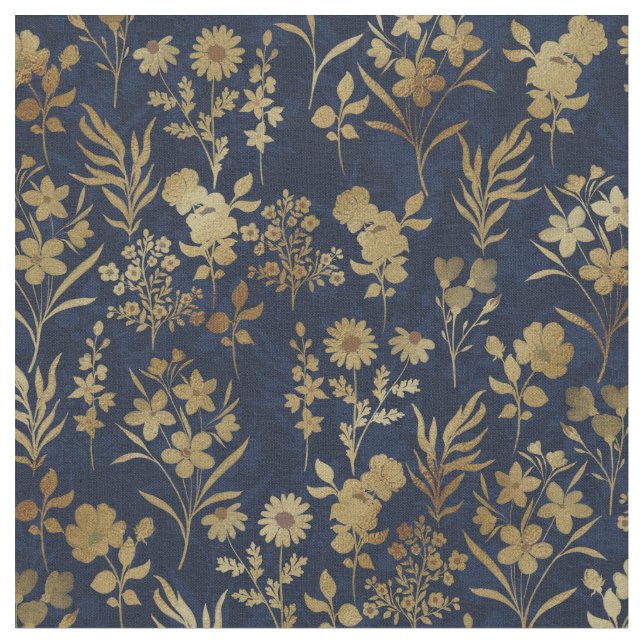 Elegante Gold Blume Blau Botanisch Stoff (Nahaufnahme)