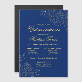 Elegante Gold Blume Royal Blue Floral Quinceanera Magneteinladung