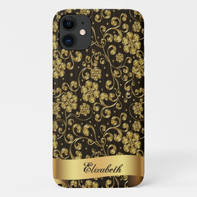 Elegante Gold-Blume, schwarz-Personalisiert Case-Mate iPhone Hülle (Rückseite)