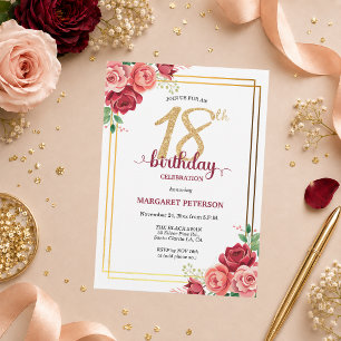 Elegante Gold Blush Blumen 18. Geburtstagsfeier Einladung