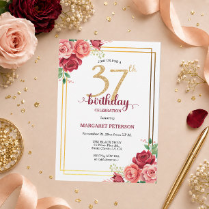 Elegante Gold-Blush-Blumenparty zum 37. Geburtstag Einladung