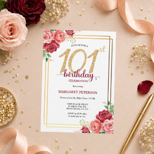 Elegante Gold Blush Floral 101. Geburtstagsfeier Einladung