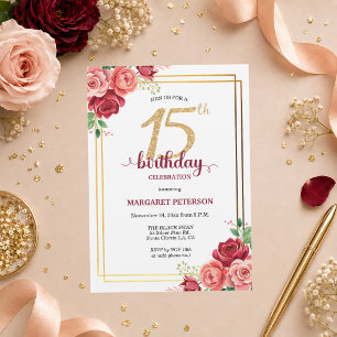 Elegante Gold Blush Floral 15. Geburtstagsfeier Einladung