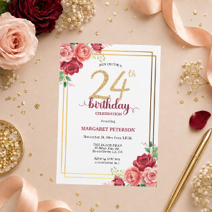 Elegante Gold Blush Floral 24. Geburtstagsfeier Einladung