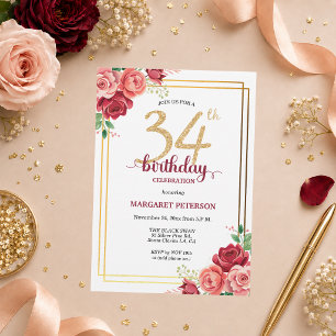 Elegante Gold Blush Floral 34. Geburtstagsfeier Einladung