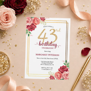 Elegante Gold Blush Floral 43. Geburtstagsfeier Einladung