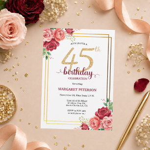 Elegante Gold Blush Floral 45. Geburtstagsfeier Einladung