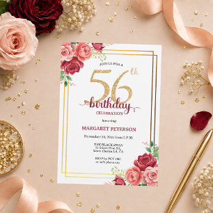Elegante Gold Blush Floral 56. Geburtstagsfeier Einladung