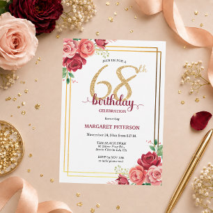 Elegante Gold Blush Floral 68. Geburtstagsfeier Einladung