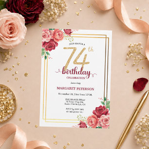 Elegante Gold Blush Floral 74. Geburtstagsfeier Einladung