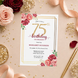 Elegante Gold Blush Floral 75. Geburtstagsfeier Einladung