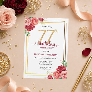 Elegante Gold Blush Floral 77. Geburtstagsfeier Einladung