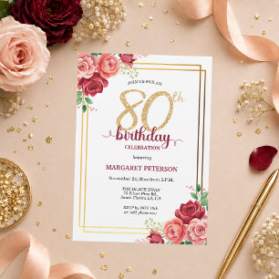 Elegante Gold Blush Floral 80. Geburtstagsfeier Einladung