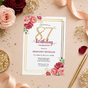 Elegante Gold Blush Floral 87. Geburtstagsfeier Einladung
