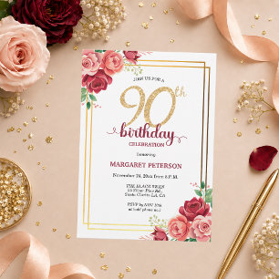 Elegante Gold Blush Floral 90. Geburtstagsfeier Einladung