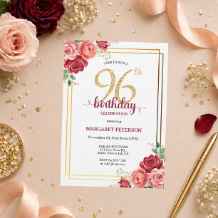 Elegante Gold Blush Floral 96. Geburtstagsfeier Einladung