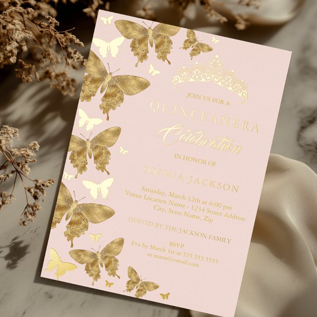 Elegante Gold Blush Pink Butterfly Quinceanera Folieneinladung (Von Creator hochgeladen)