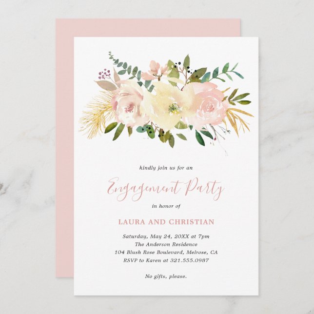 Elegante Gold Blush Pink Floral Engagement Party Einladung (Vorne/Hinten)