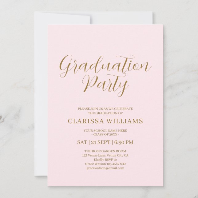 Elegante Gold Blush Pink Graduation Party Einladung (Vorderseite)