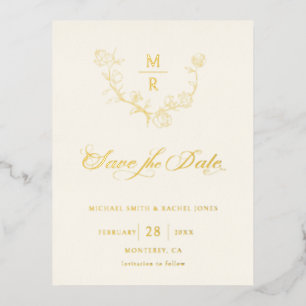Elegante Gold Botanische Kalligraphie Save the Dat Folie Einladungspostkarte