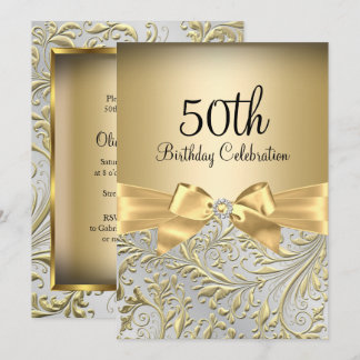 Elegante Gold Bow Floral Swirl 50. Geburtstagspart Einladung
