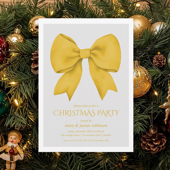 Elegante Gold Bow Weihnachtsfeier Einladung (Elegant Gold Bow Christmas Holiday Party Invitation)