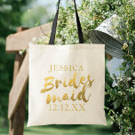 Elegante Gold Bridesmaid Wedding Tote Bag Tragetasche<br><div class="desc">Sie können diese nützliche Tasche mit dem Namen Ihrer Bridesmaid und dem Datum Ihrer Hochzeit personalisieren. Oder wenn Sie nur eine einfache "Bridesmaid" Grafik bevorzugen,  geben Sie sowohl den Namen als auch das Datum an.</div>