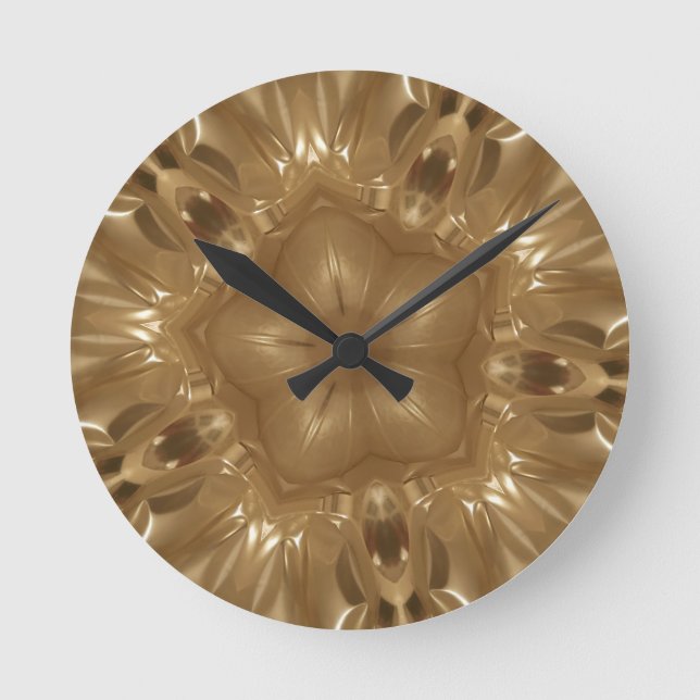 Elegante Gold Brown Kaleidoscope Star Design Runde Wanduhr (Vorderseite)