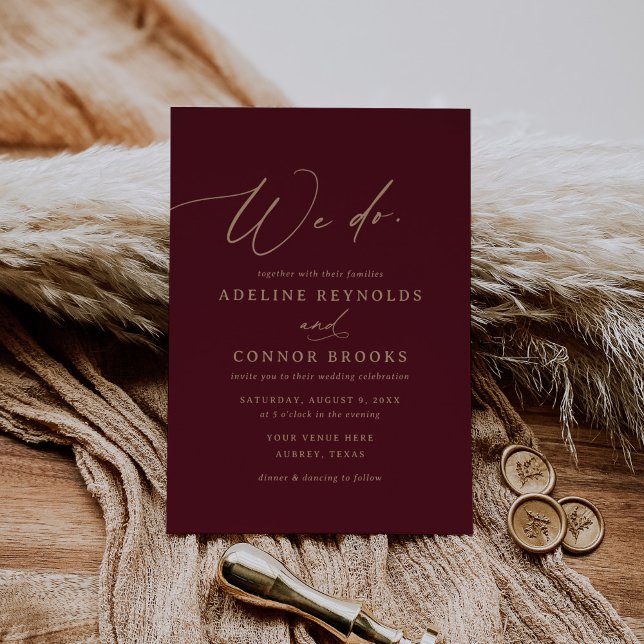 Elegante Gold Burgundy Calligraphy We Do Wedding Einladung (Von Creator hochgeladen)