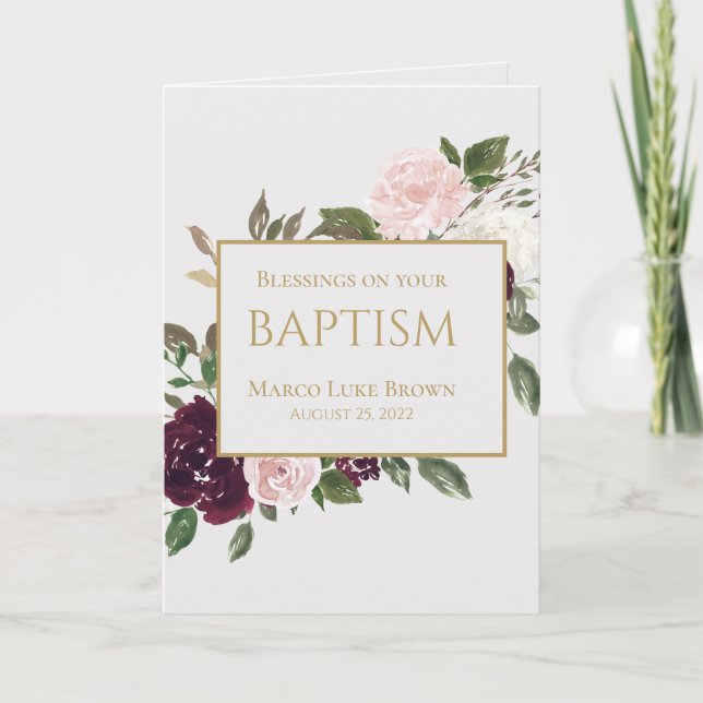 Elegante Gold Burgundy Pink Segen Christening Karte (Vorderseite)