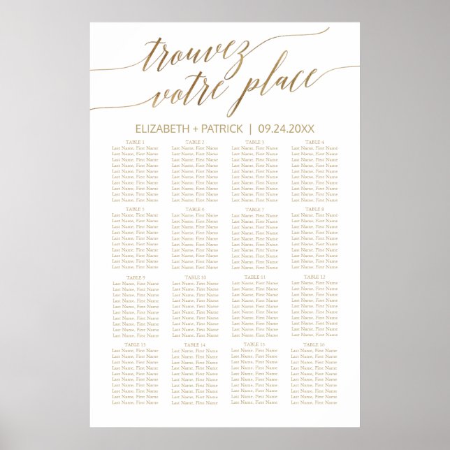 Elegante Gold Calligrafy French Seating Chart Poster (Vorne)