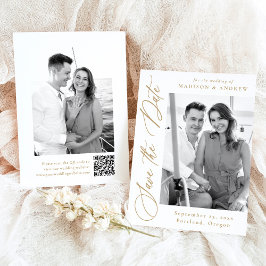 Elegante Gold Calligraphy 2 Foto QR Code Wedding Save The Date