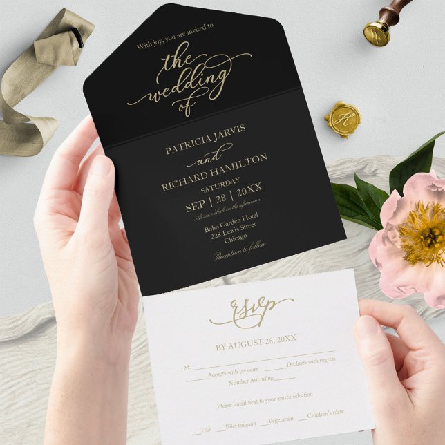 Elegante Gold Calligraphy Black Wedding All In One Einladung (Von Creator hochgeladen)