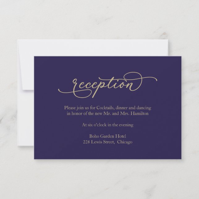 Elegante Gold Calligraphy Blue Wedding Reception RSVP Karte (Vorderseite)