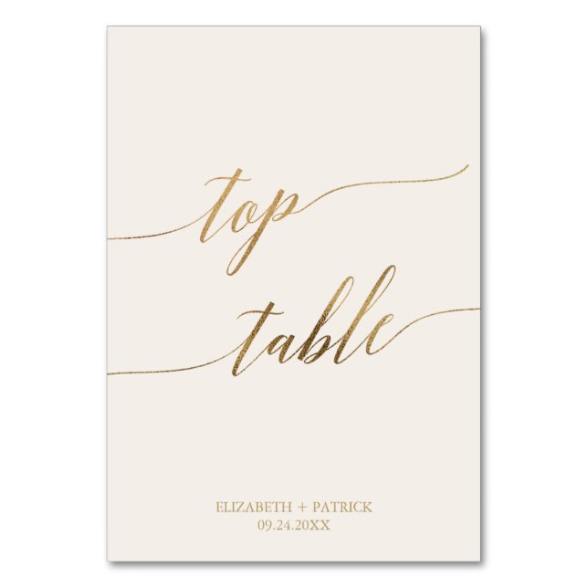 Elegante Gold Calligraphy Cream Top-Tabelle Tischnummer (Vorderseite)