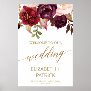 Elegante Gold Calligraphy Floral Wedding Willkomme Poster