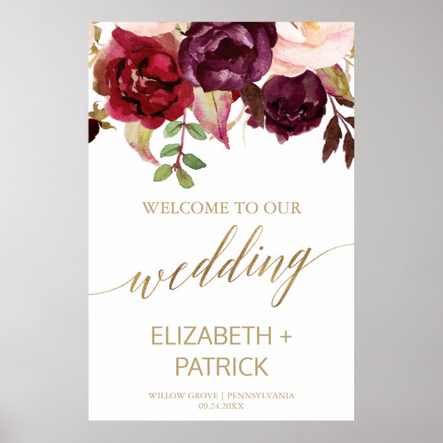 Elegante Gold Calligraphy Floral Wedding Willkomme Poster (Vorne)