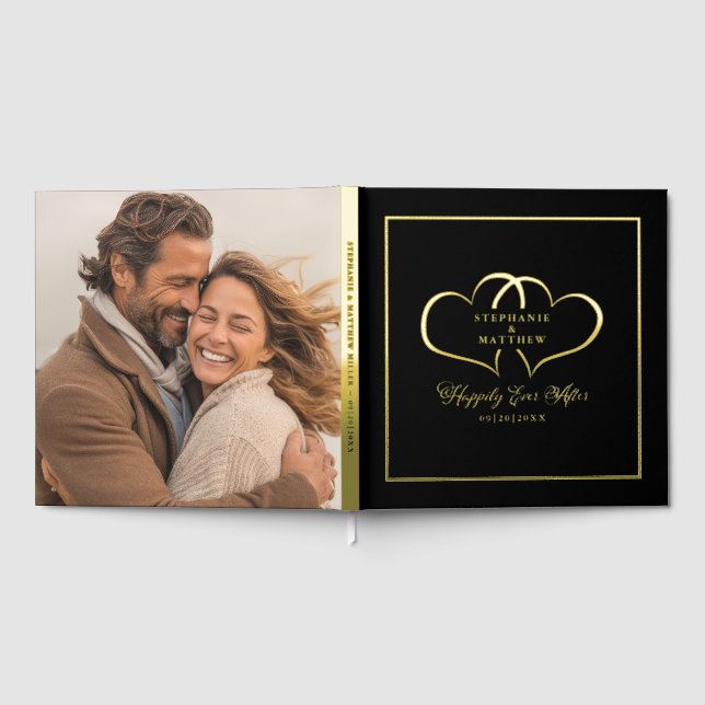 Elegante Gold Calligraphy Foto Chic Hearts Black Gästebuch (Voll)