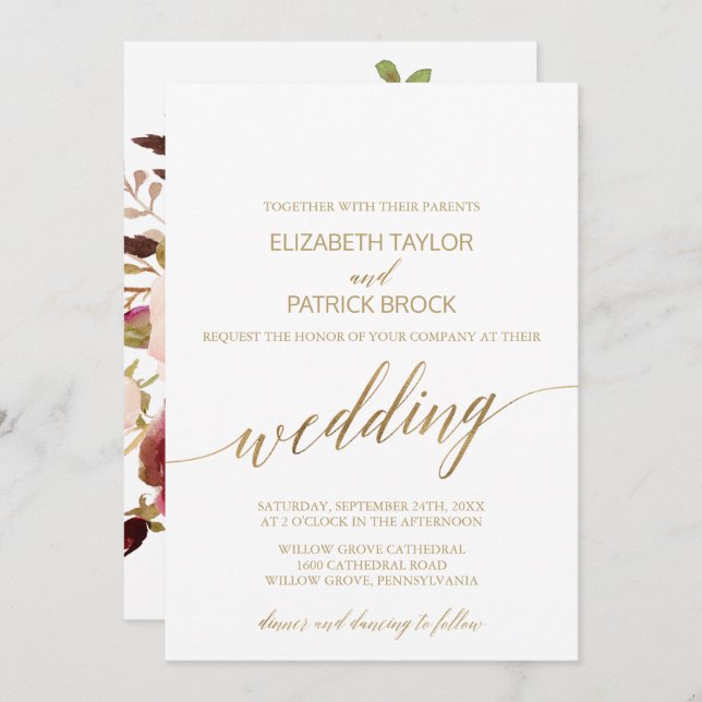 Elegante Gold Calligraphy | Hochzeit mit floraler  Einladung (Vorne/Hinten)
