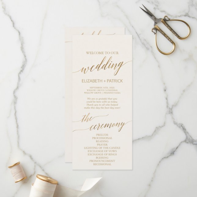 Elegante Gold Calligraphy | Hochzeitsprogramm für  Programm (Vorderseite/Rückseite Beispiel)