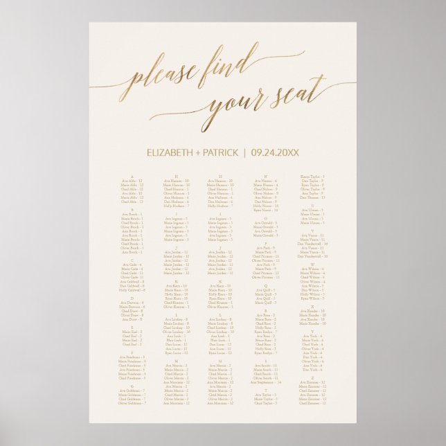 Elegante Gold Calligraphy Ivory 200+ Seating Chart Poster (Vorne)