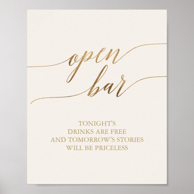 Elegante Gold Calligraphy | Ivory Open Bar Sign Poster (Vorne)