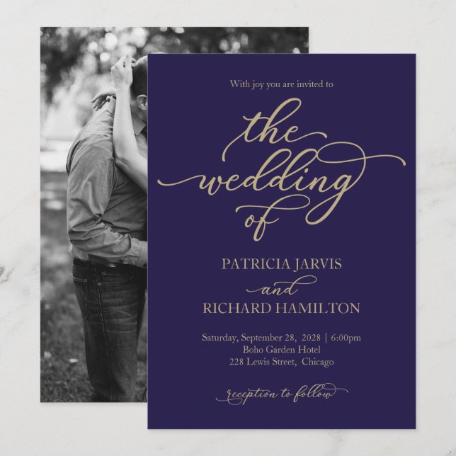 Elegante Gold Calligraphy Navy Blue Wedding Einladung (Vorne/Hinten)