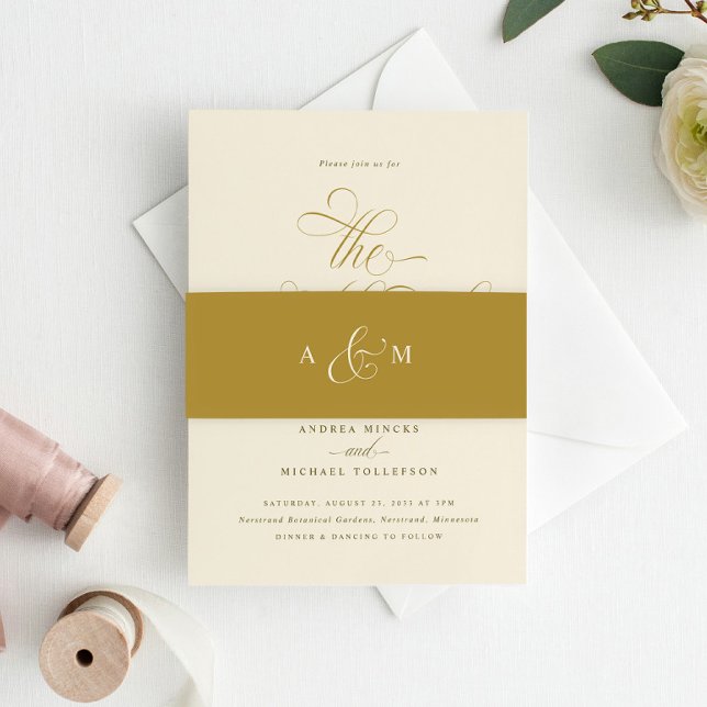 Elegante Gold Calligraphy Script Luxury Wedding Einladungsbanderole (Elegant Cream ad Gold Monogram Wedding Invitation Belly Band / Wrap for Wedding Invitations)