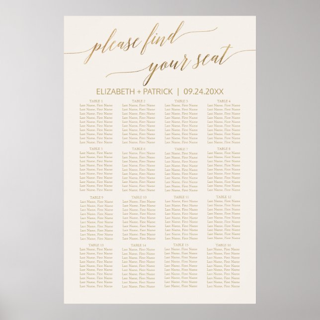 Elegante Gold Calligraphy | Seatabelle für Elfenbe Poster (Vorne)