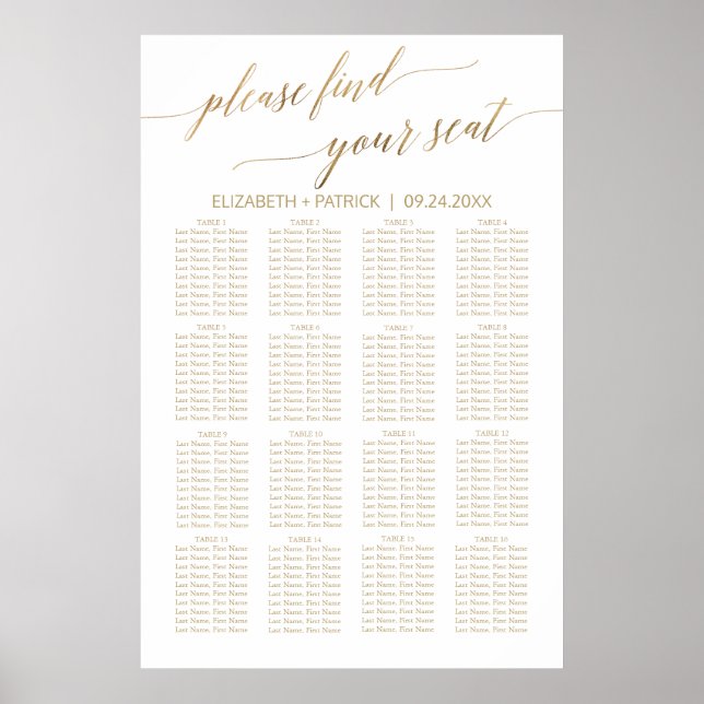 Elegante Gold Calligraphy Seating Chart Poster (Vorne)