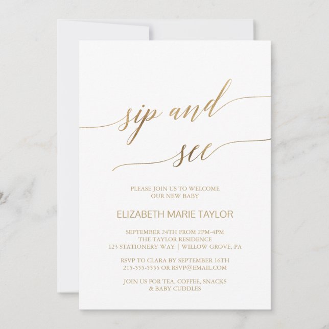 Elegante Gold Calligraphy Sip and See Einladung (Vorderseite)