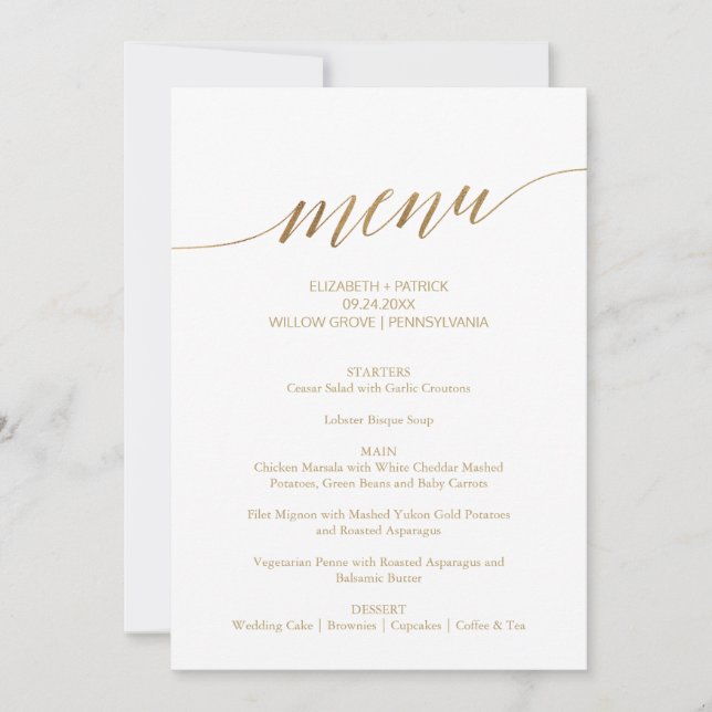 Elegante Gold Calligraphy Wedding Menu Table Sign Einladung (Vorderseite)