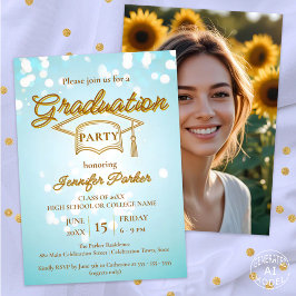 Elegante Gold Cap auf Blue Foto Graduation Party Einladung