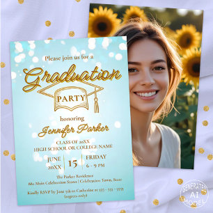 Elegante Gold Cap auf Blue Foto Graduation Party Einladung